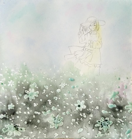 Watercolor painting step by step - Girl in the flower field - Image 2