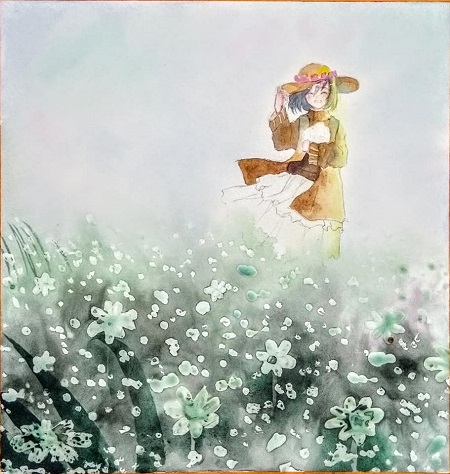 Watercolor painting step by step - Girl in the flower field - Image 3