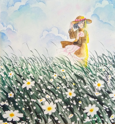 Watercolor painting step by step - Girl in the flower field - Image 5